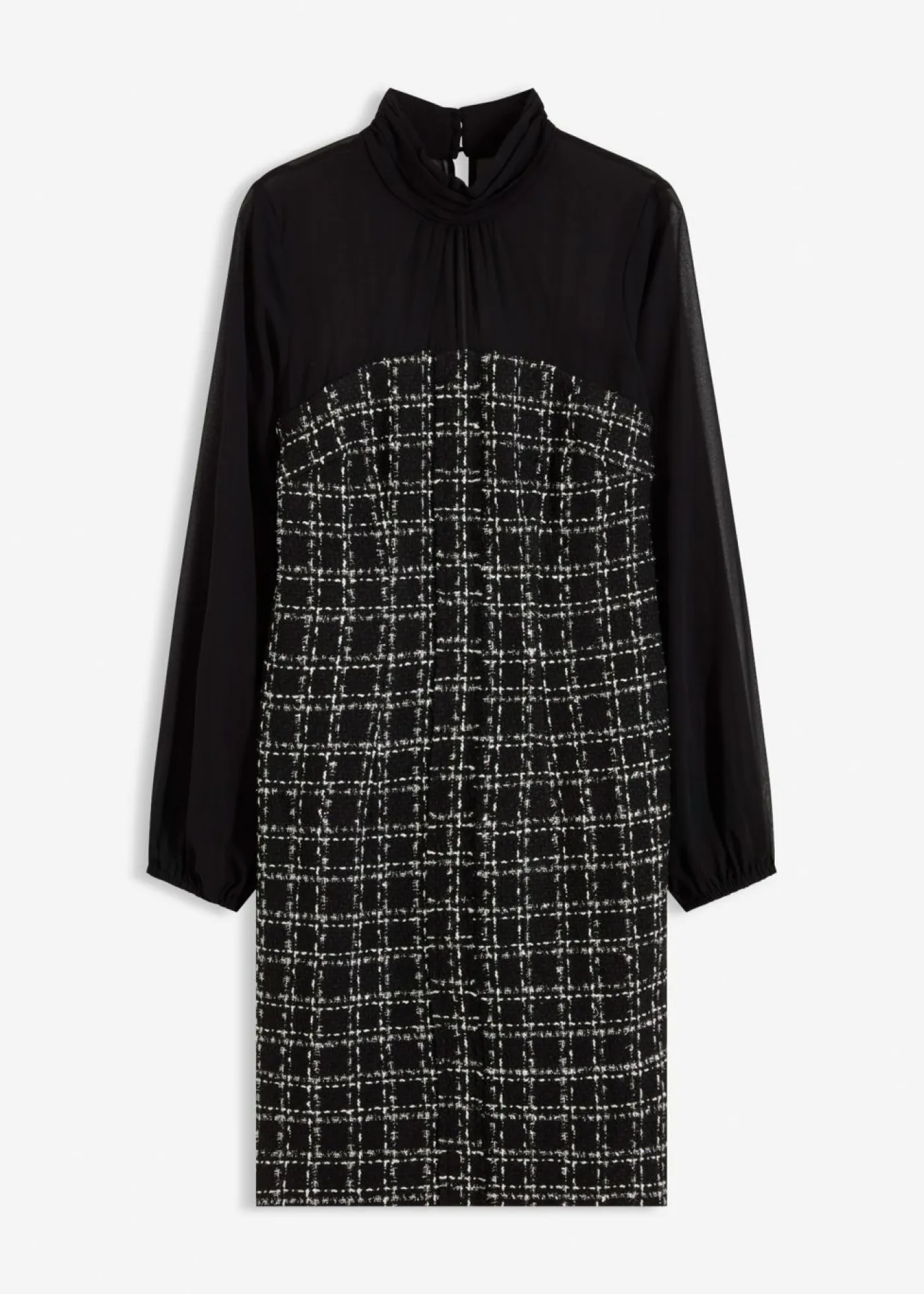 bonprix bonprix Vestidos>Vestido corto de bouclé con mangas de gasa Negro-blanco a cuadros