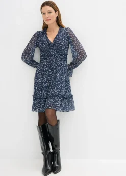 bonprix bonprix Vestidos>Vestido corto de malla fina Azul oscuro-blanco de flores