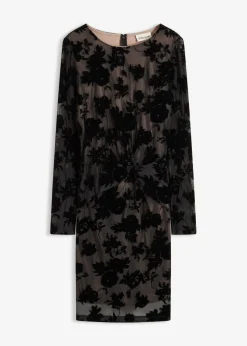bonprix bonprix Vestidos|Ropa Elegante>Vestido corto de malla fina con estampado flocado Negro-beige de flores