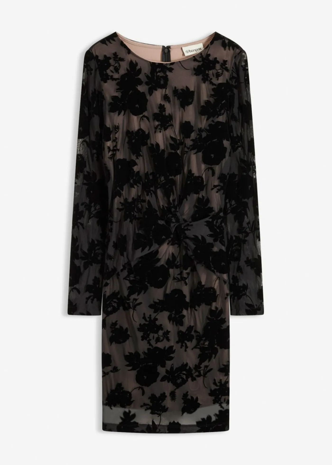 bonprix bonprix Vestidos|Ropa Elegante>Vestido corto de malla fina con estampado flocado Negro-beige de flores