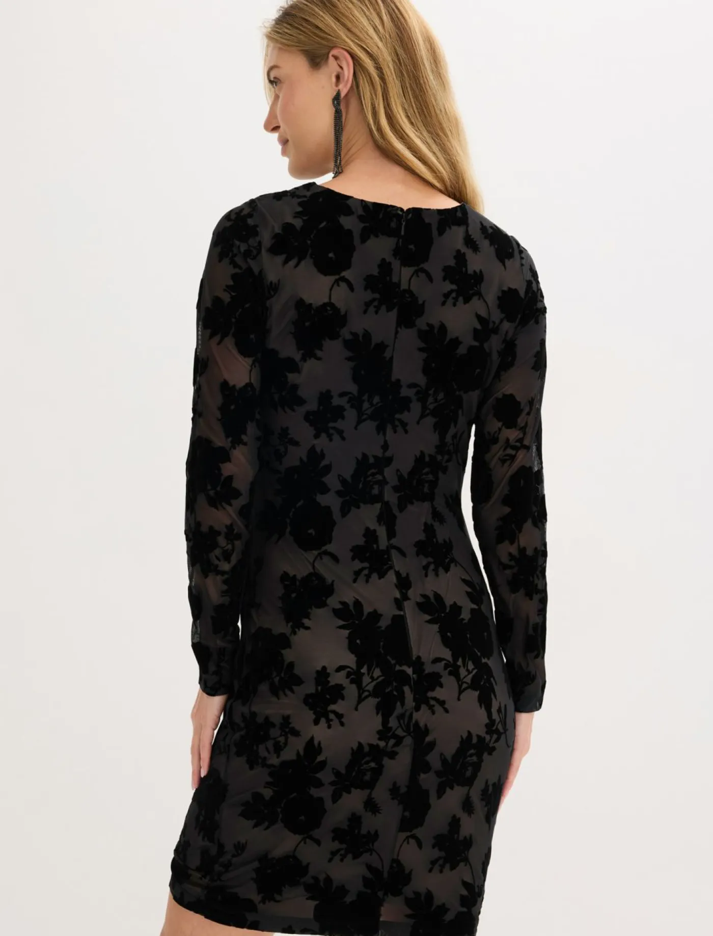 bonprix bonprix Vestidos|Ropa Elegante>Vestido corto de malla fina con estampado flocado Negro-beige de flores