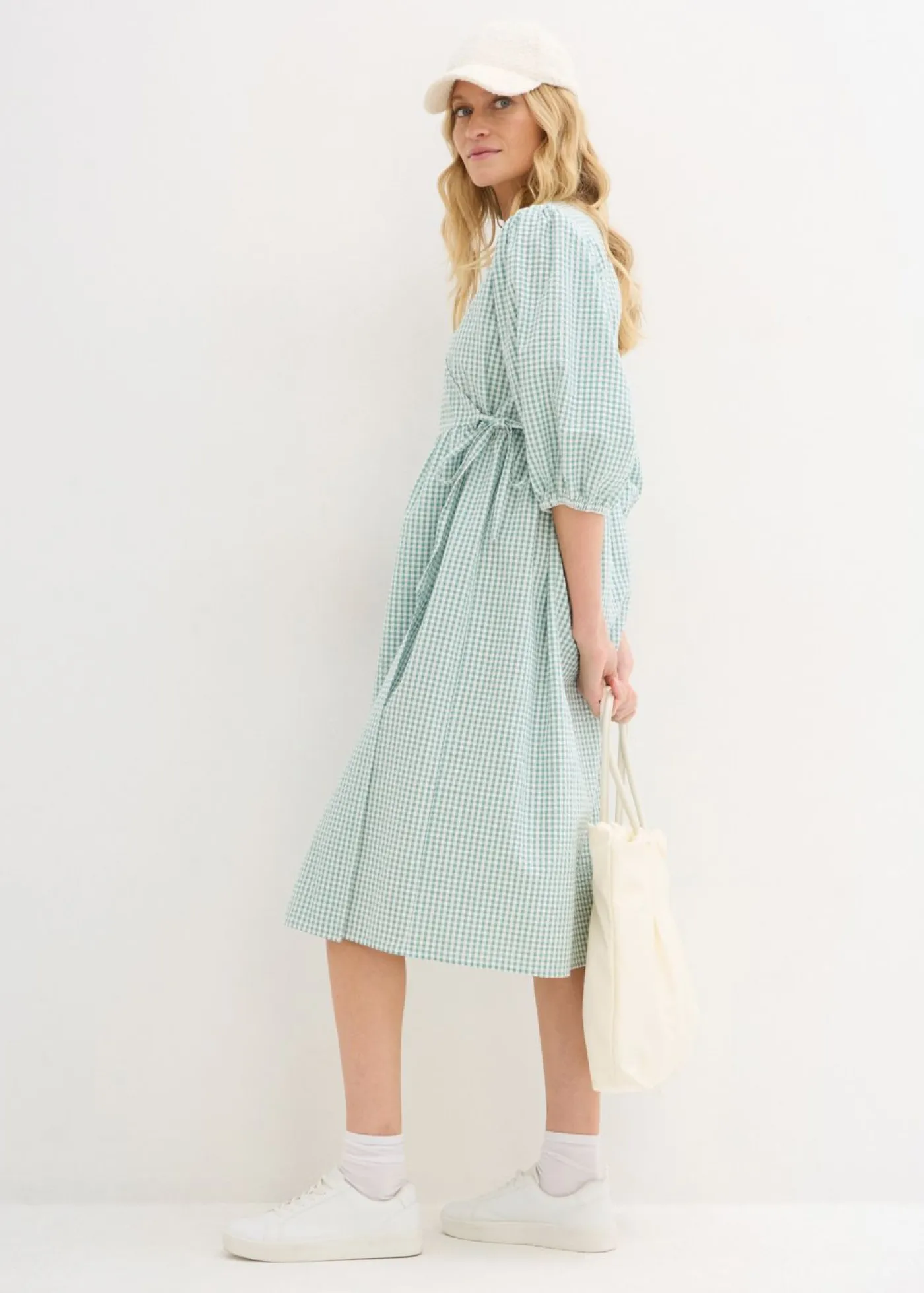 bonprix bonprix Vestidos>Vestido cruzado de material estructurado salvia ahumado-blanco lana a cuadros