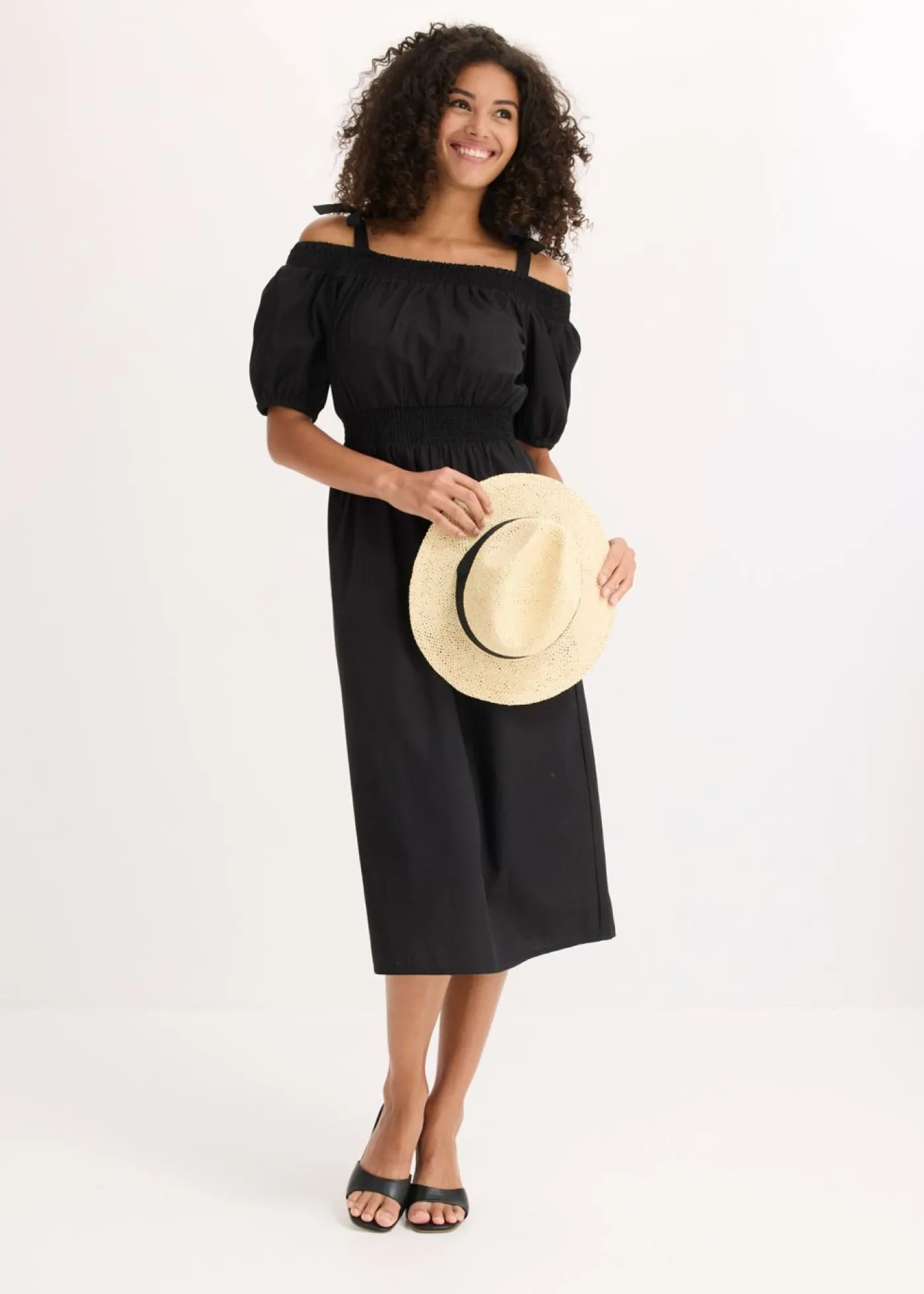 bonprix bonprix Vestidos>Vestido de algodón orgánico puro con hombros al descubierto Negro