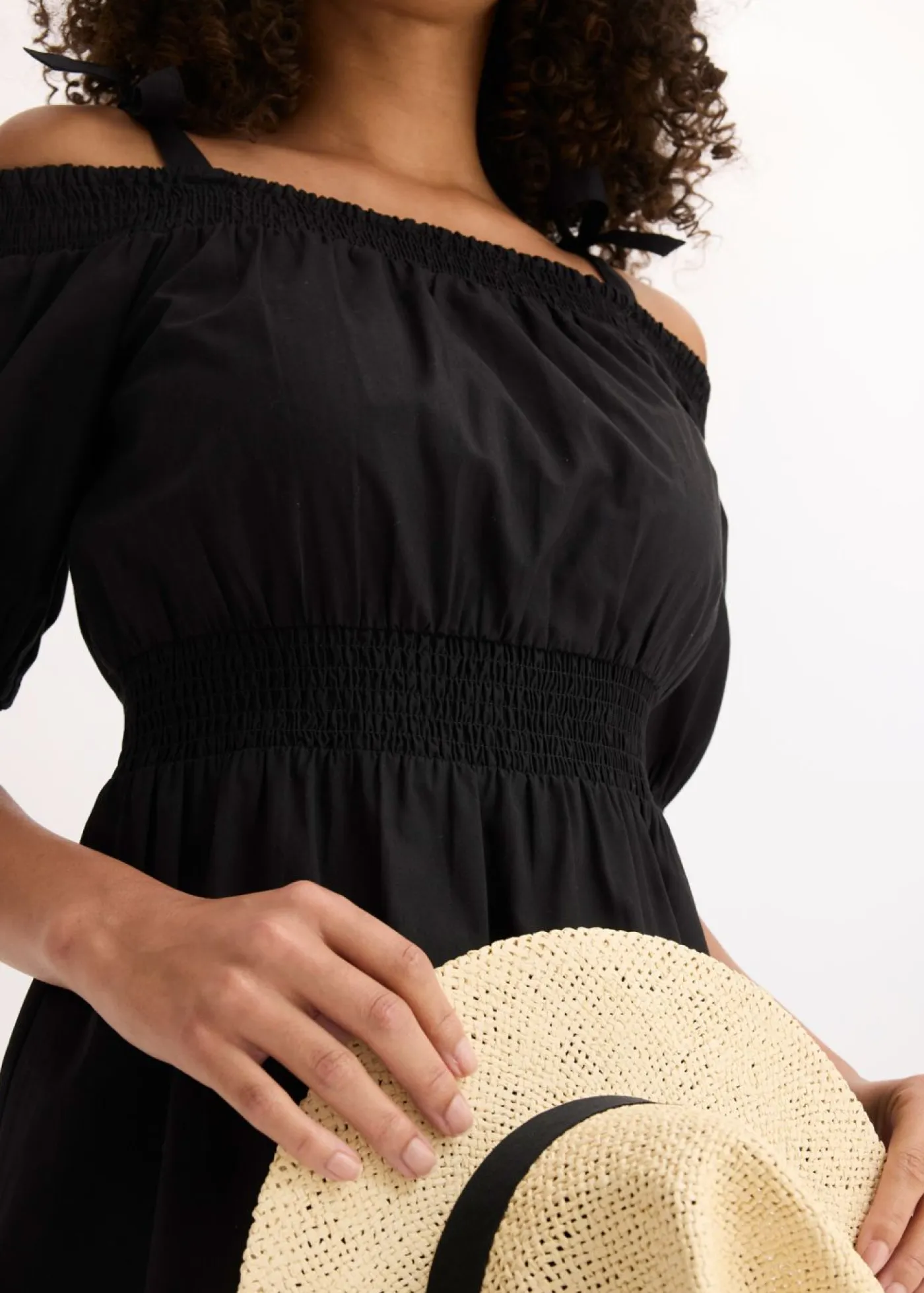 bonprix bonprix Vestidos>Vestido de algodón orgánico puro con hombros al descubierto Negro