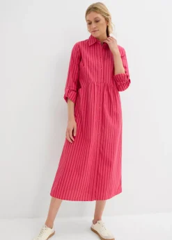 bonprix bonprix Vestidos|Novedades>Vestido de algodón puro con cuello de camisa rojo tomate -granada-rosa oscuro con rayas