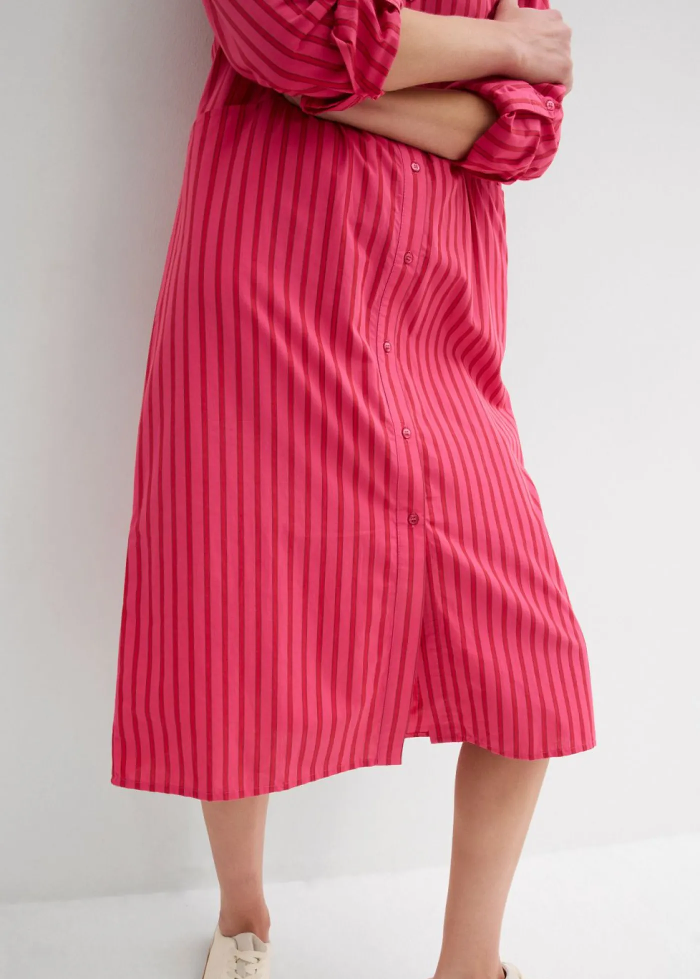 bonprix bonprix Vestidos|Novedades>Vestido de algodón puro con cuello de camisa rojo tomate -granada-rosa oscuro con rayas