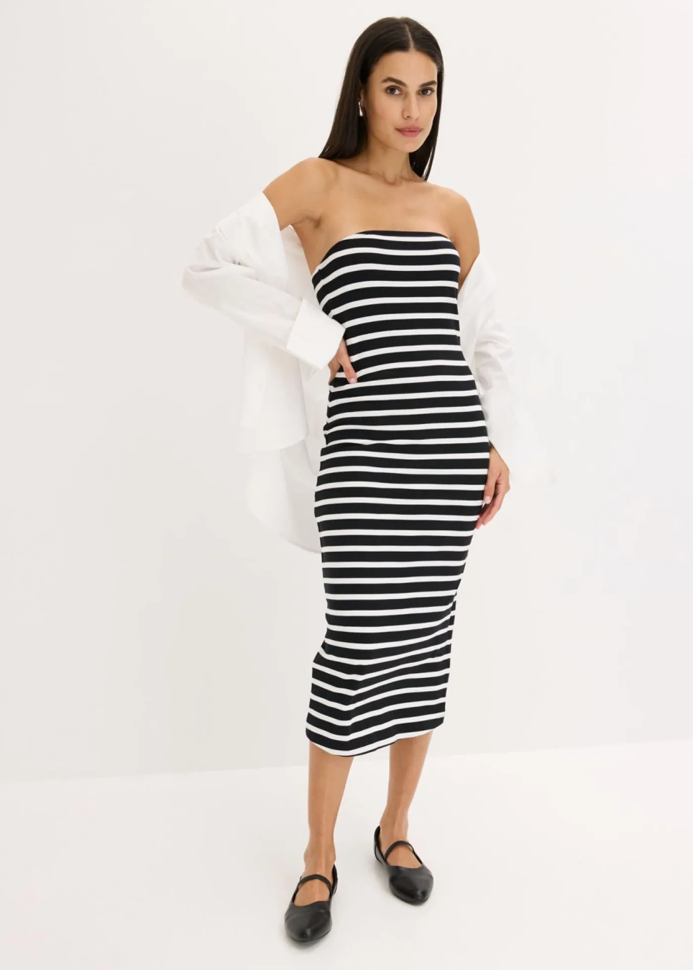 bonprix bonprix Vestidos>Vestido de canalé tipo bandeau Negro-blanco con rayas