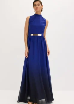 bonprix bonprix Vestidos|Ropa Elegante>Vestido de gasa con cuello e inserción en la cintura Azul-negro estampado