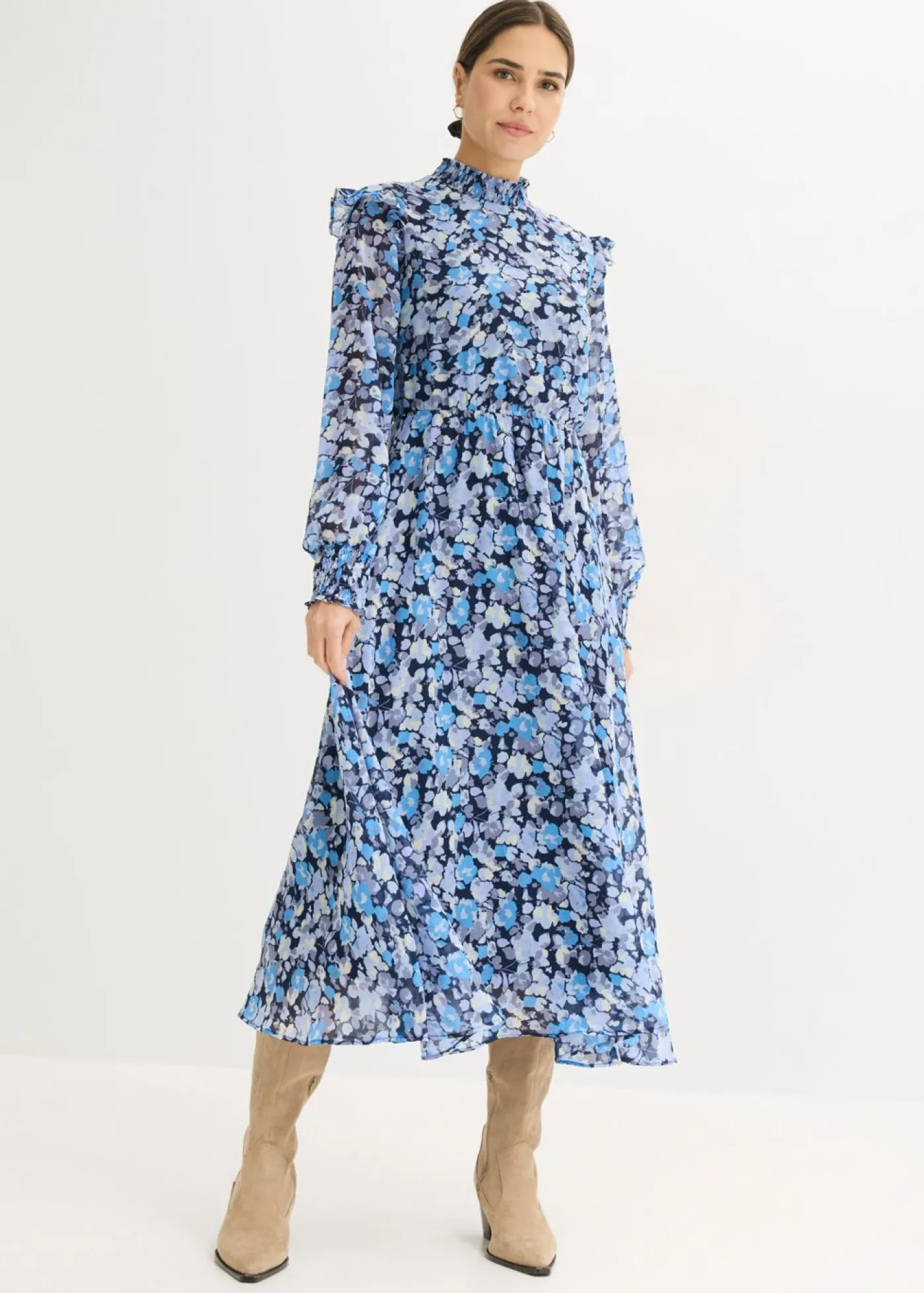 bonprix bonprix Tallas Pequeñas|Vestidos>Vestido de gasa con cuello alto Azul