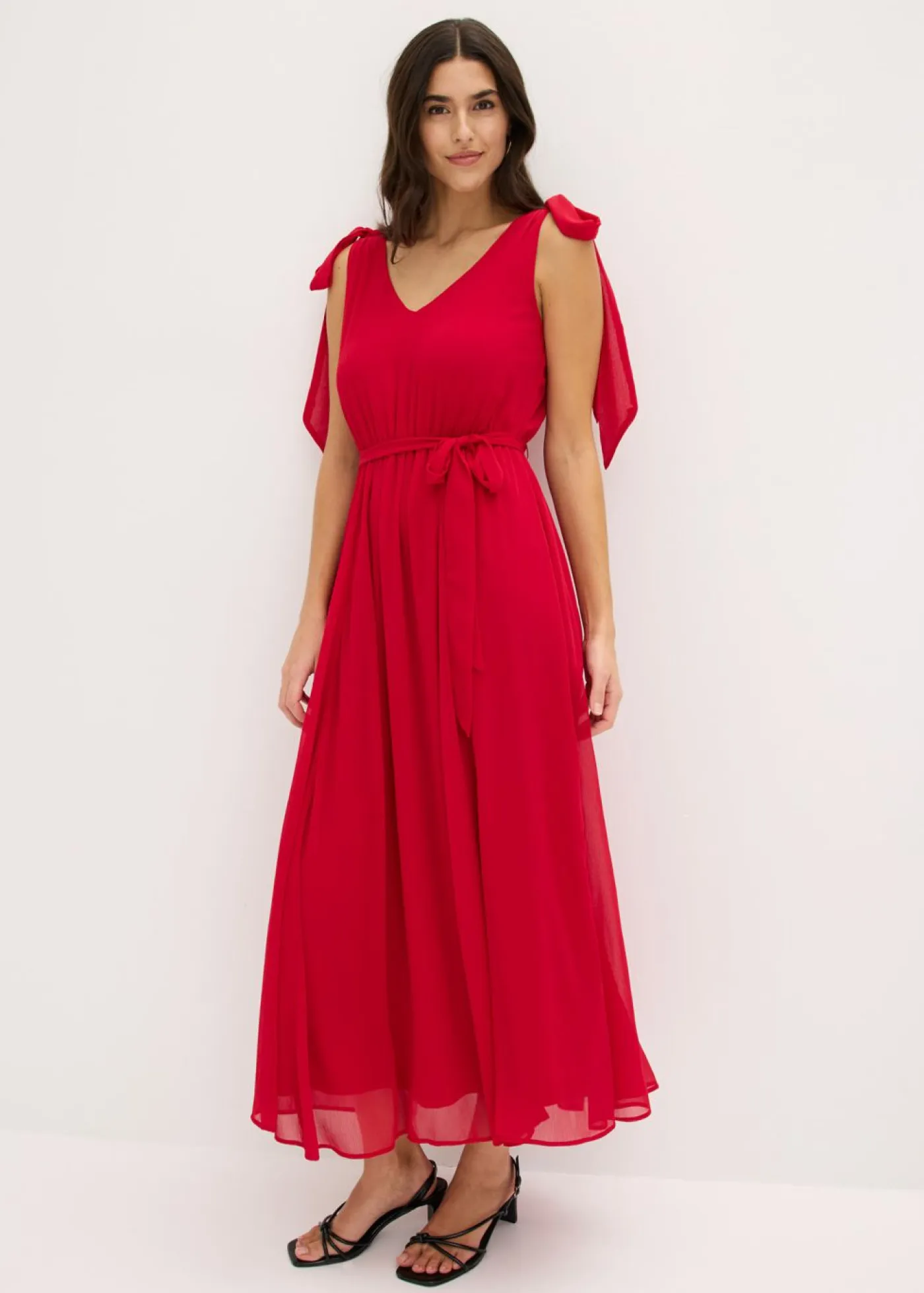 bonprix bonprix Vestidos|Ropa Elegante>Vestido de gasa con detalles de lazo Rojo oscuro