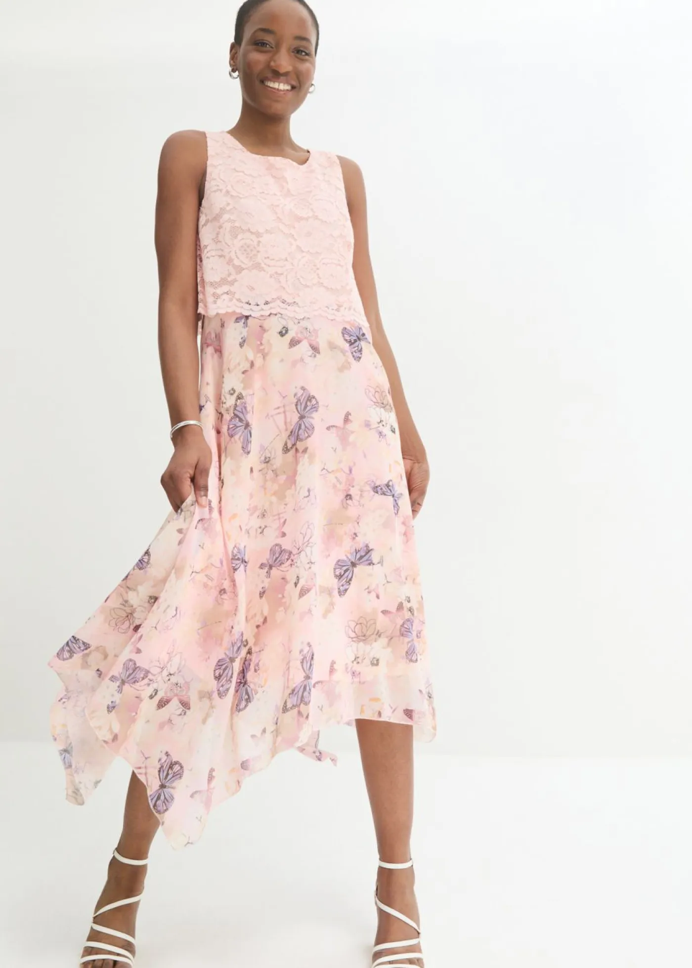 bonprix bonprix Vestidos|Novedades>Vestido de gasa con encaje fino Rosa claro-rosa de flores