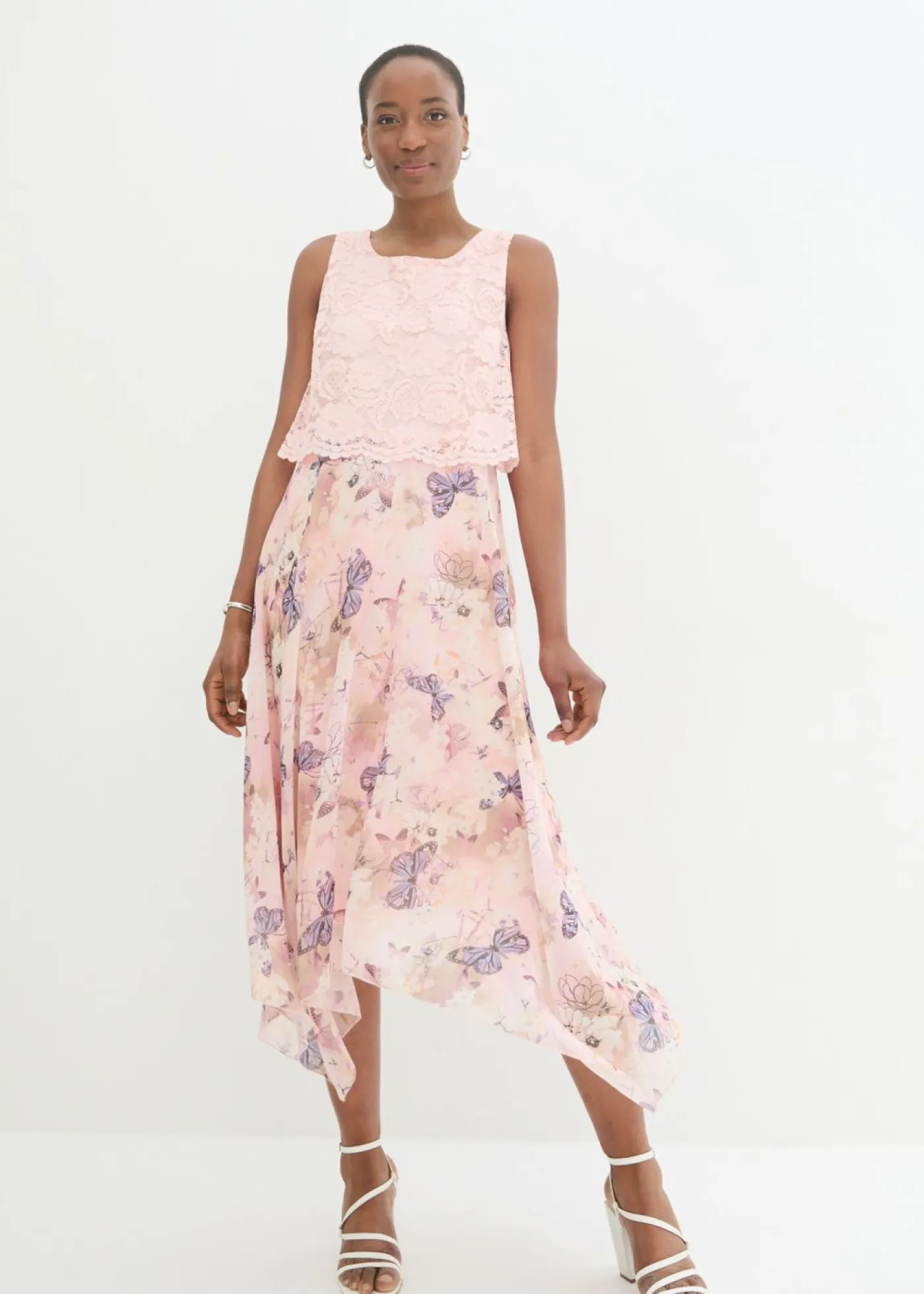 bonprix bonprix Vestidos|Novedades>Vestido de gasa con encaje fino Rosa claro-rosa de flores