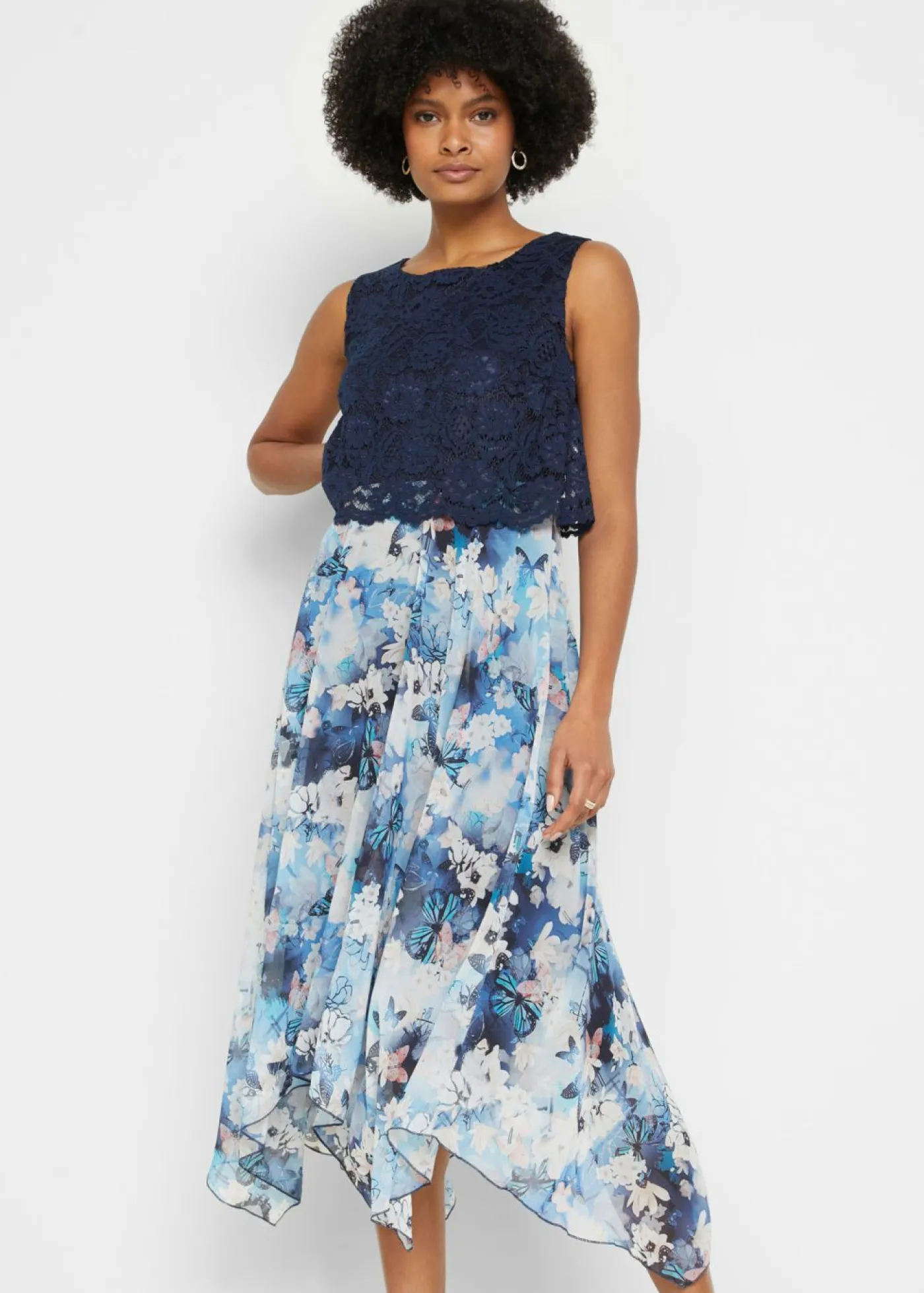 bonprix bonprix Vestidos|Novedades>Vestido de gasa con encaje fino azul marino con flores