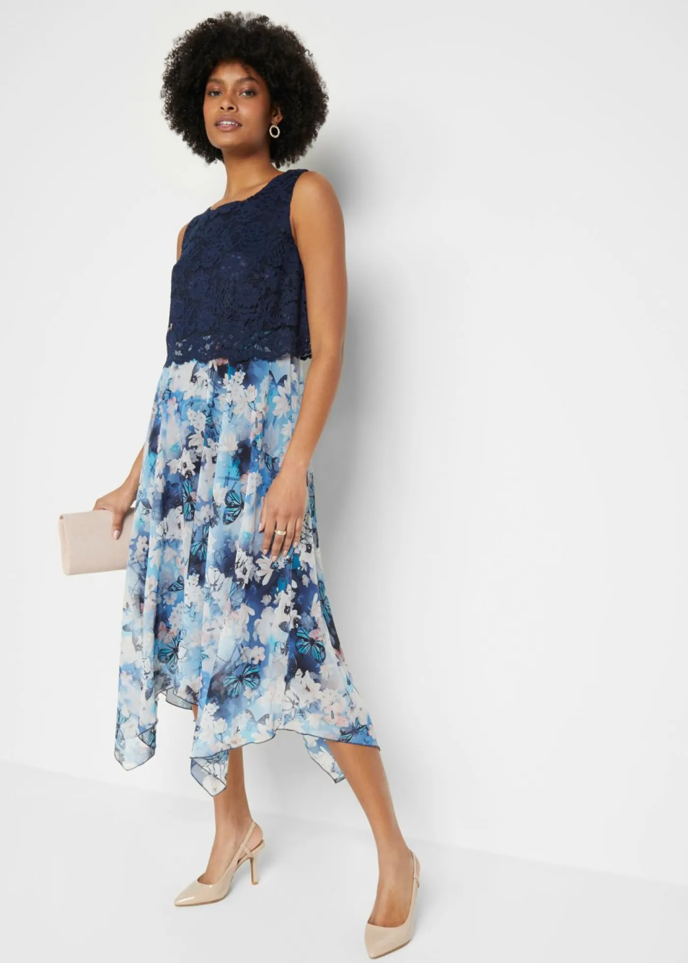 bonprix bonprix Vestidos|Novedades>Vestido de gasa con encaje fino azul marino con flores