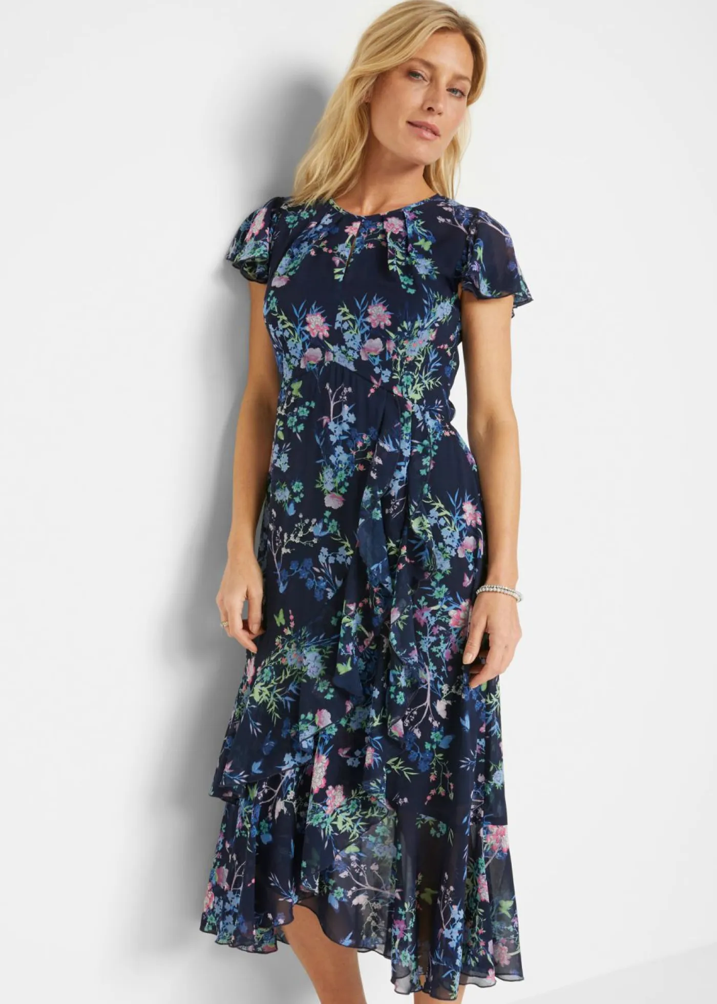 bonprix bonprix Vestidos>Vestido de gasa con mangas tipo murciélago azul marino con flores