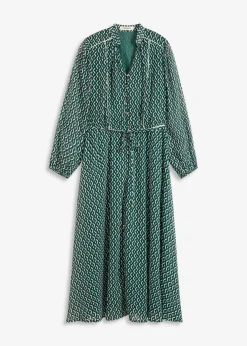 bonprix bonprix Vestidos>Vestido de gasa con ribete en contraste negro/blanco lana/verde bosque