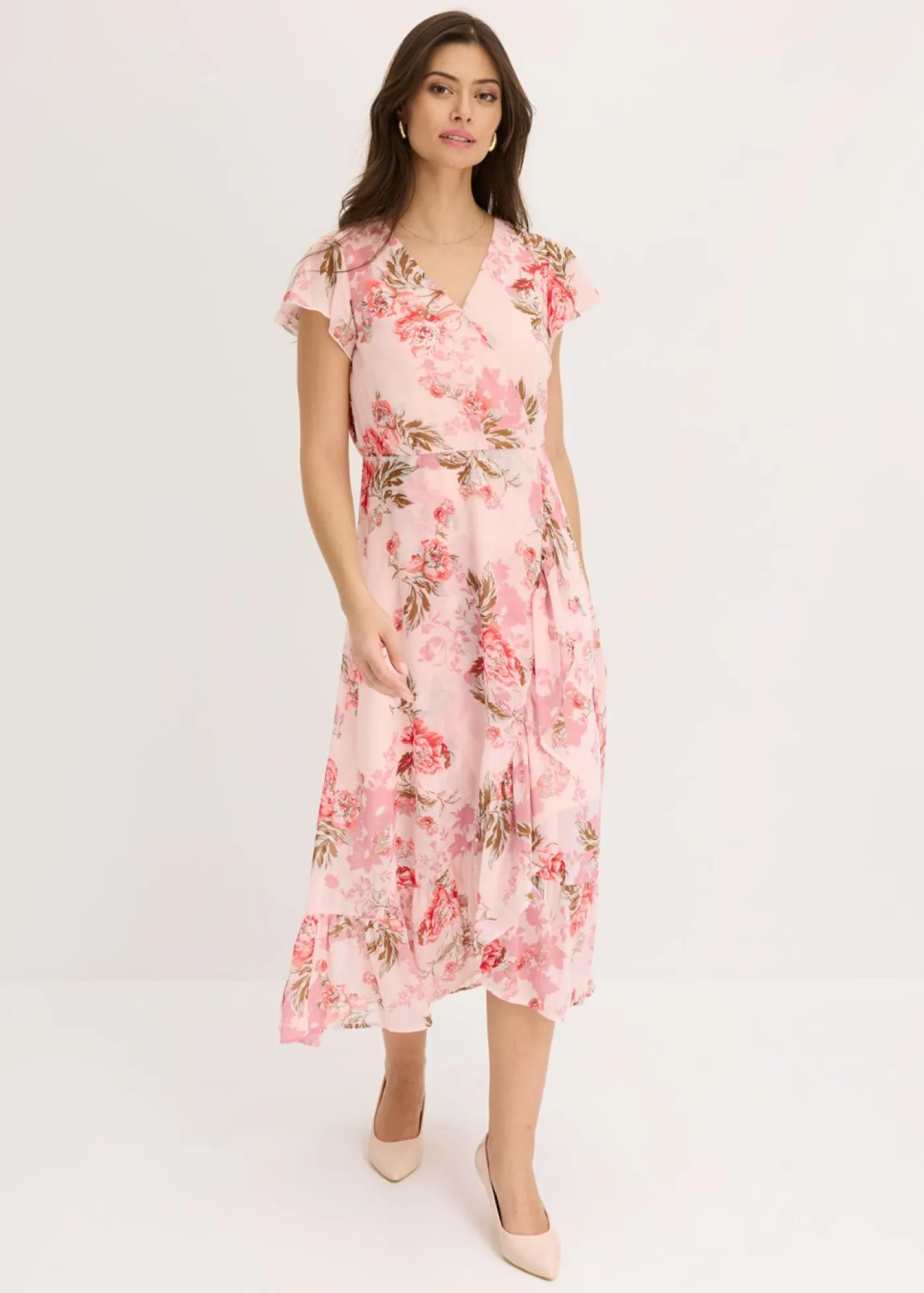 bonprix bonprix Vestidos>Vestido de gasa con volantes Rosa de flores