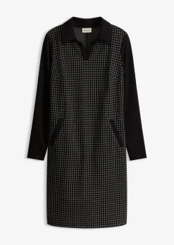 bonprix bonprix Vestidos>Vestido de jacquard con cuello en contraste Negro-blanco lana a cuadros