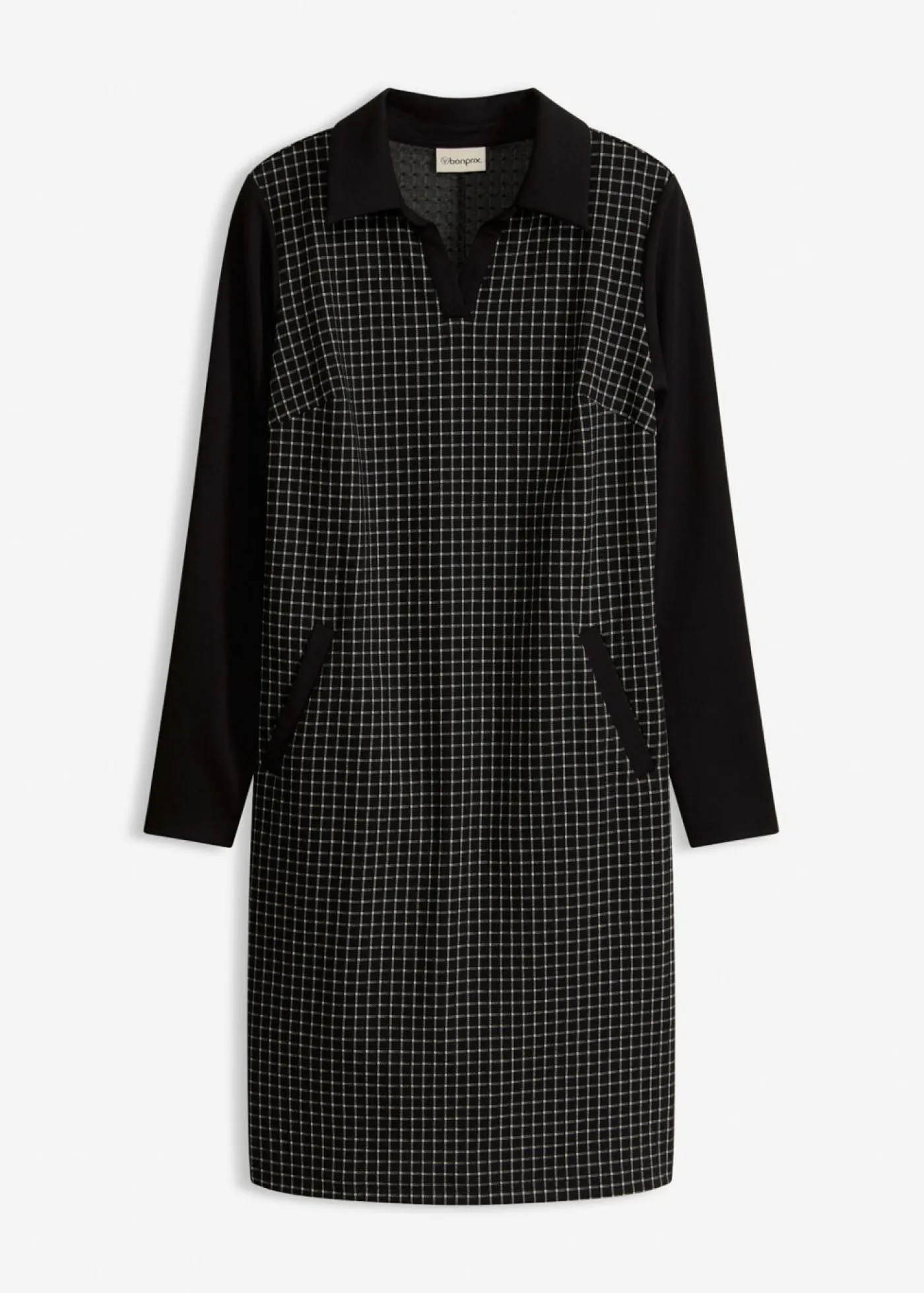 bonprix bonprix Vestidos>Vestido de jacquard con cuello en contraste Negro-blanco lana a cuadros