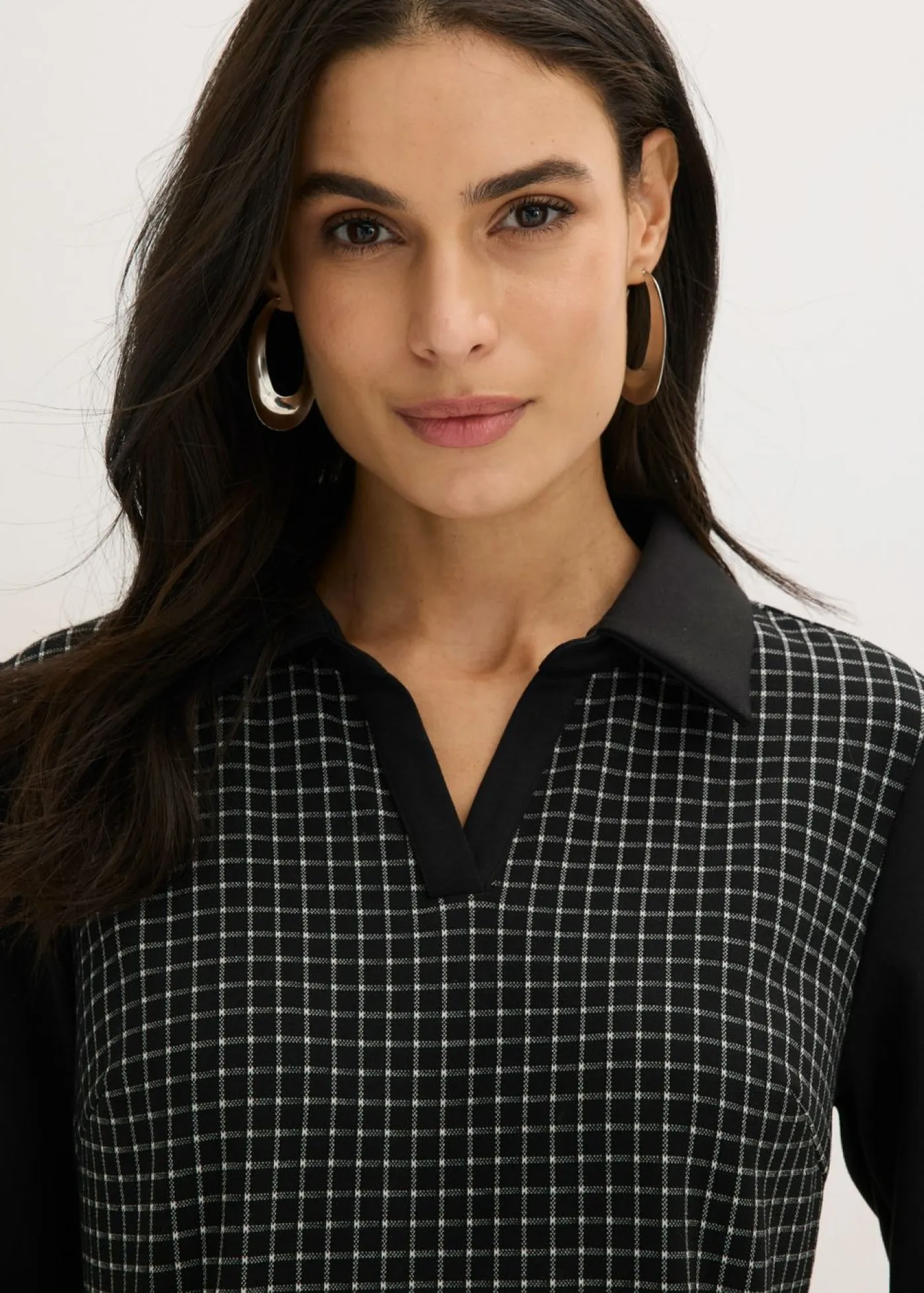 bonprix bonprix Vestidos>Vestido de jacquard con cuello en contraste Negro-blanco lana a cuadros