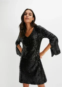 bonprix bonprix Vestidos|Tallas Pequeñas>Vestido de lentejuelas con mangas de trompeta Negro