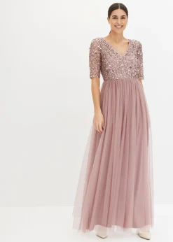 bonprix bonprix Vestidos|Tallas Pequeñas>Vestido de noche de tul delicado con bordado de lentejuelas Rosa palo