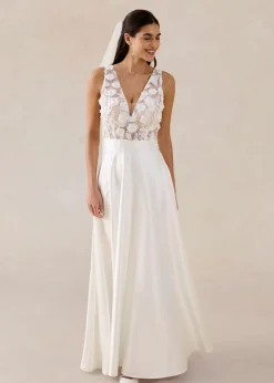 Mujer bonprix bonprix Vestido de novia de satén brillante con aplicaciones de flores