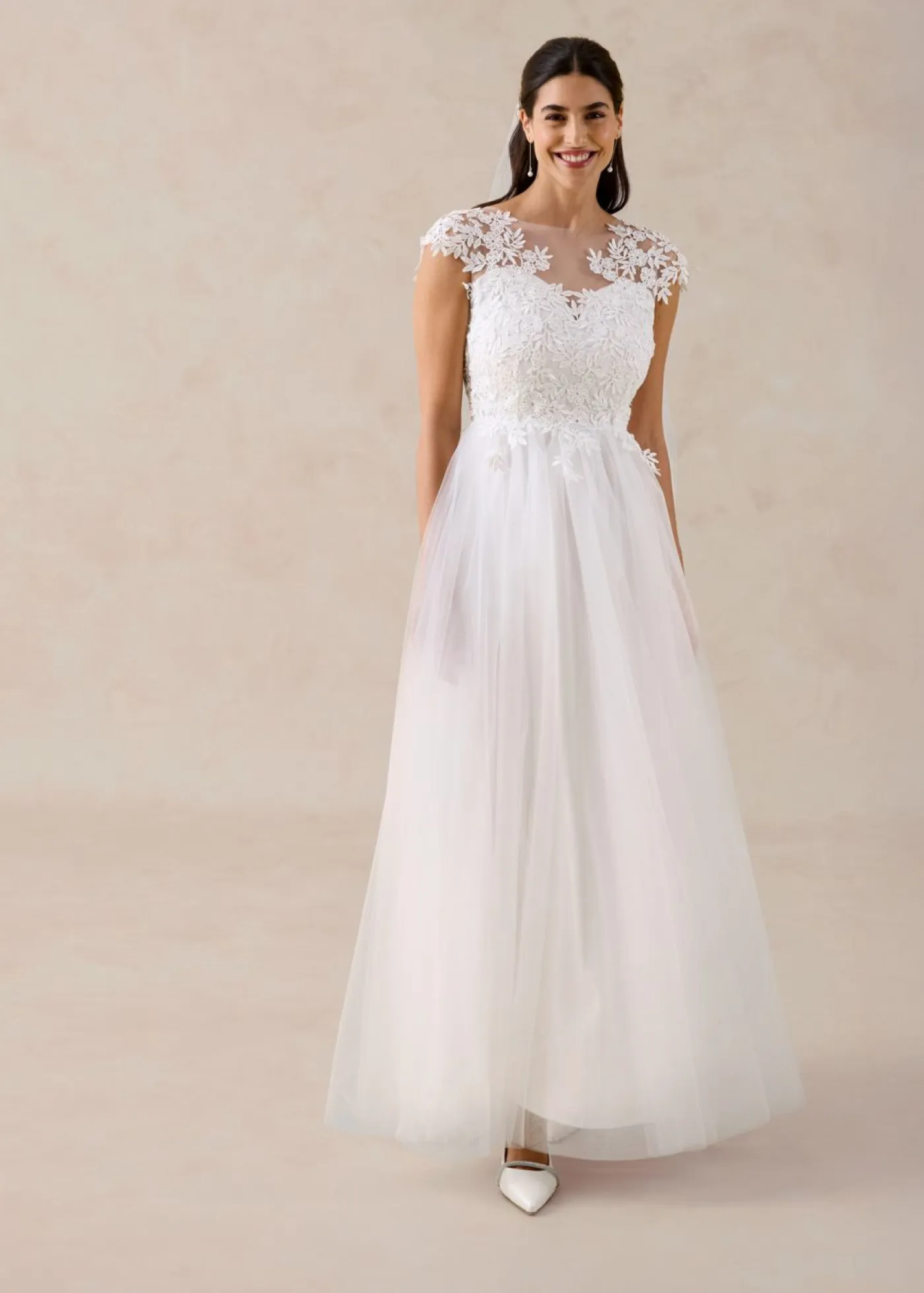 bonprix bonprix Vestidos>Vestido de novia de tul con encaje Blanco lana