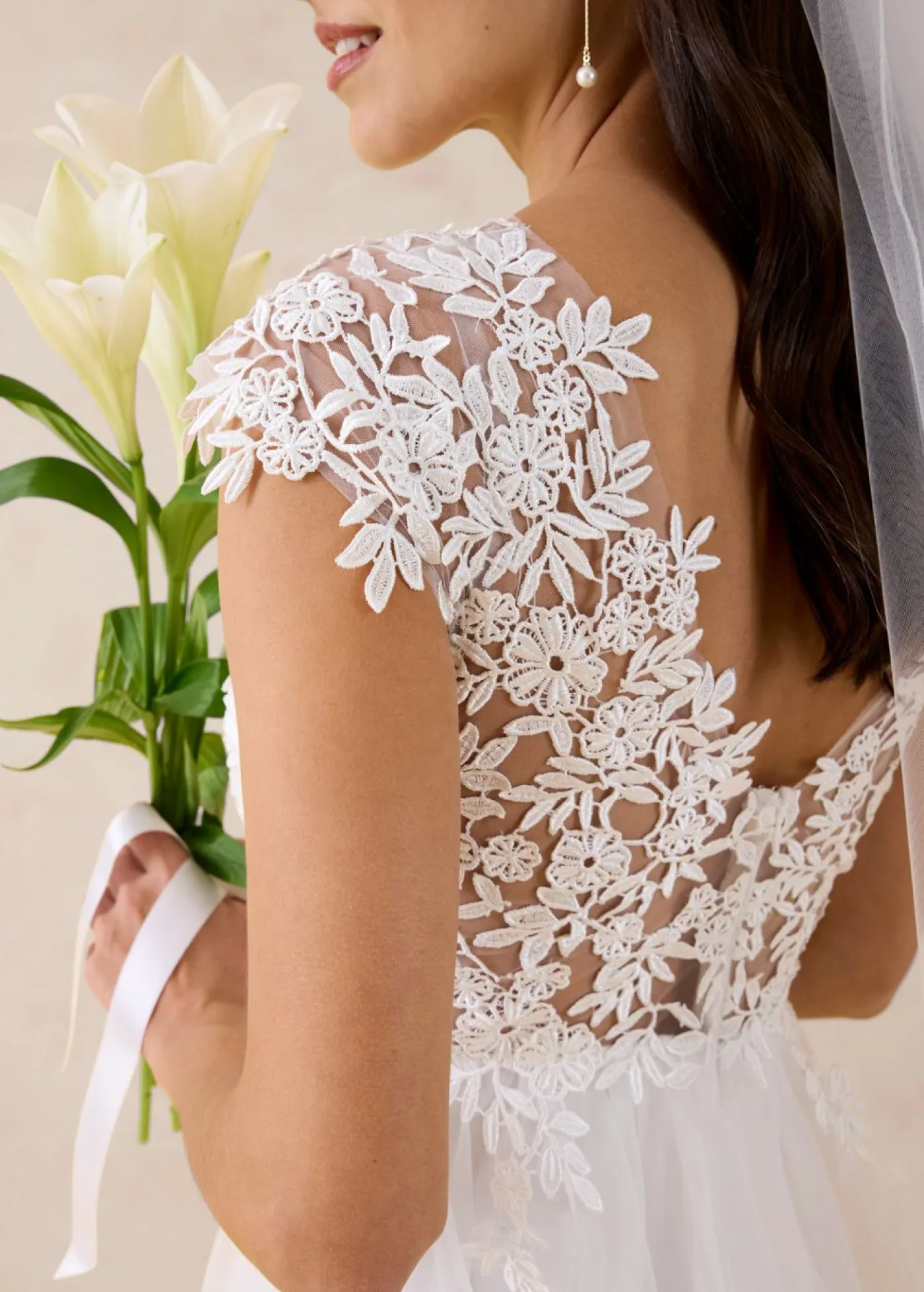 bonprix bonprix Vestidos>Vestido de novia de tul con encaje Blanco lana