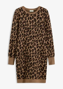 bonprix bonprix Vestidos|Tallas Pequeñas>Vestido de punto Beige con estampado de leopardo