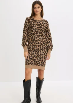 bonprix bonprix Vestidos|Tallas Pequeñas>Vestido de punto Beige con estampado de leopardo