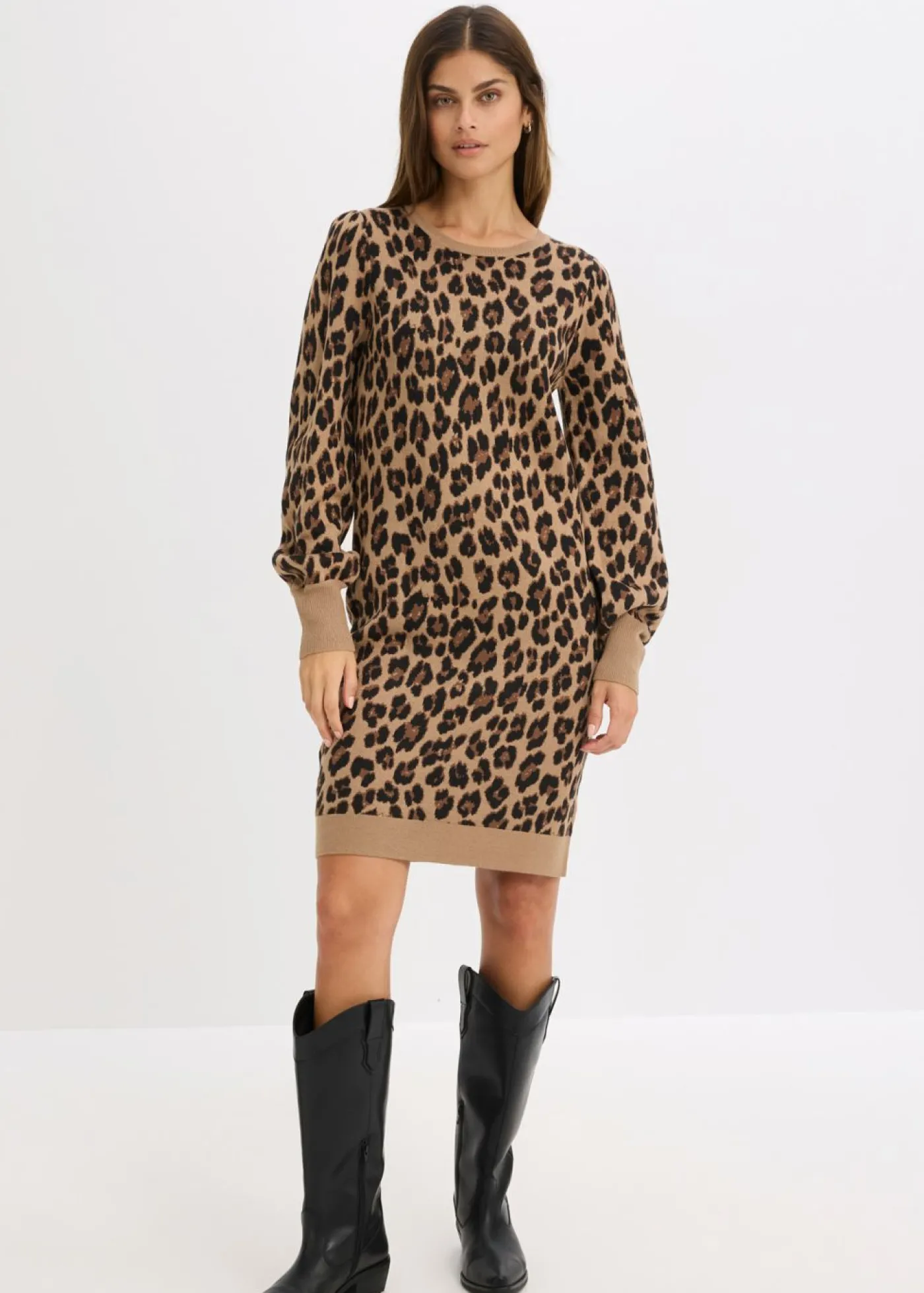 bonprix bonprix Vestidos|Tallas Pequeñas>Vestido de punto Beige con estampado de leopardo