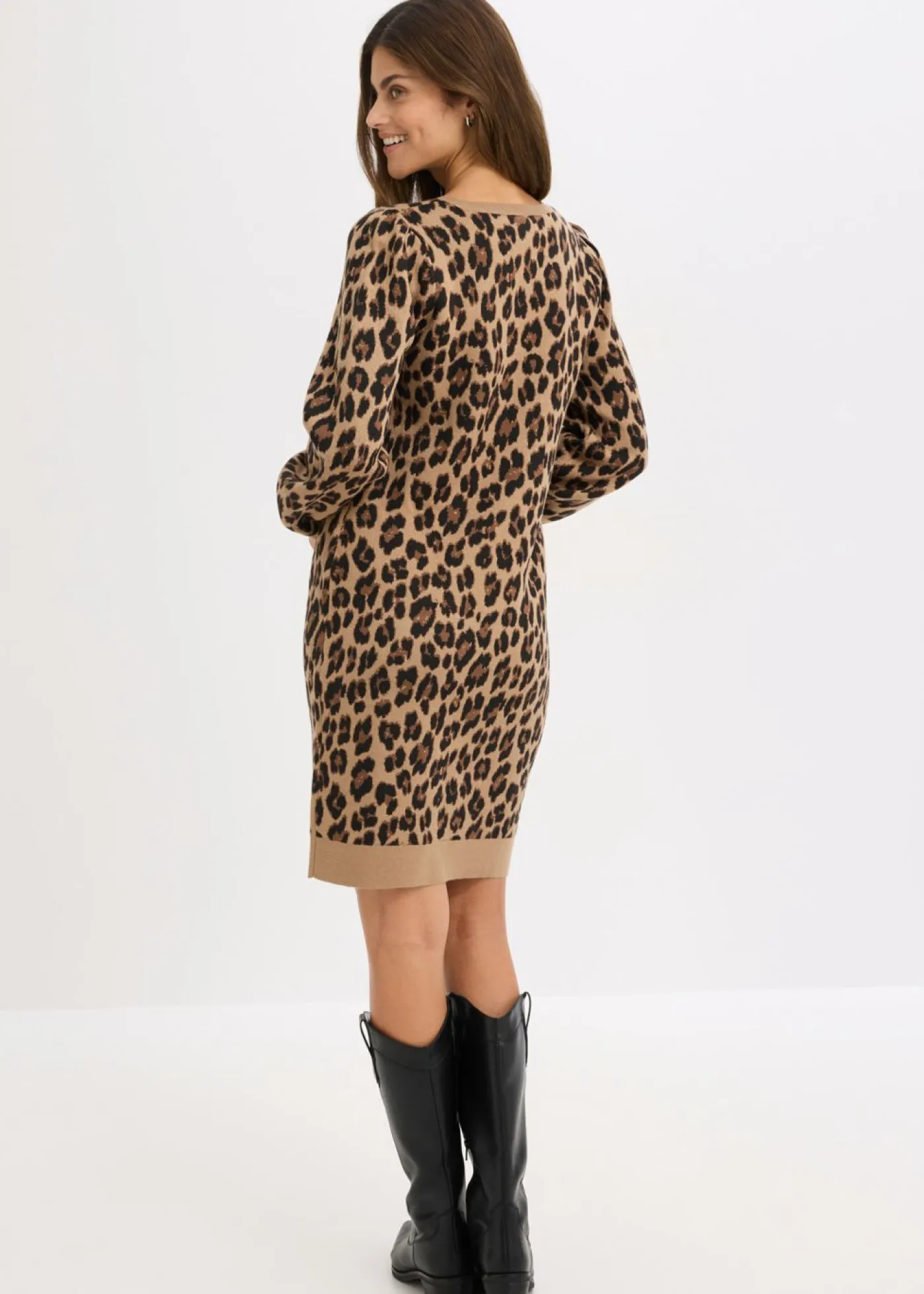 bonprix bonprix Vestidos|Tallas Pequeñas>Vestido de punto Beige con estampado de leopardo