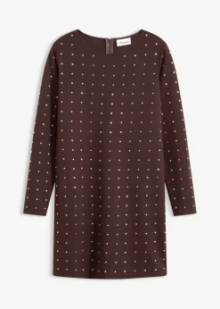 bonprix bonprix Vestidos>Vestido de punto con aplicaciones de piedras brillantes Marrón oscuro