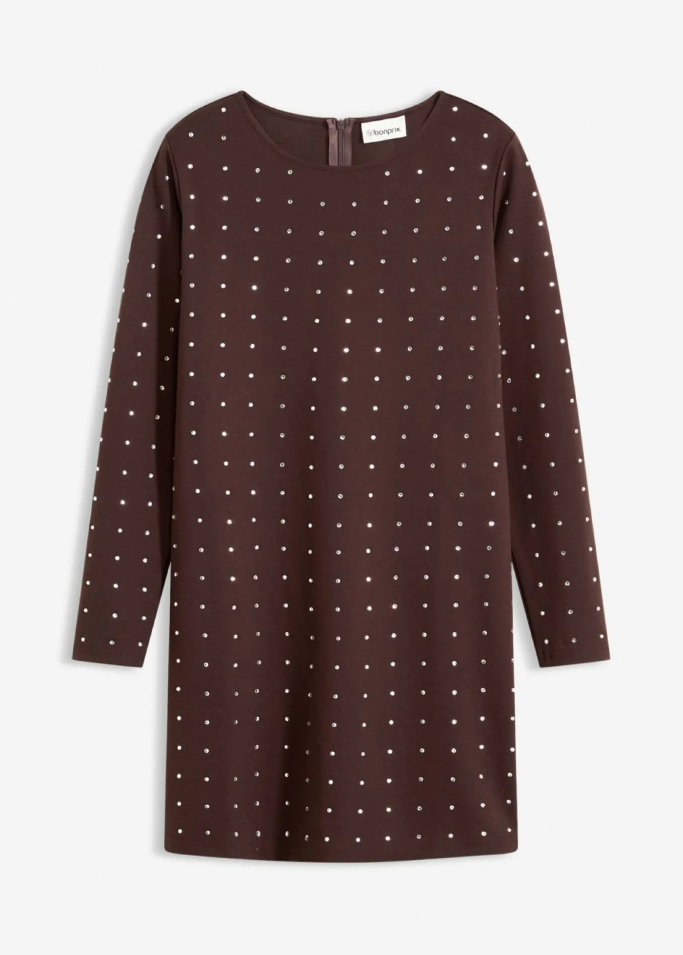 bonprix bonprix Vestidos>Vestido de punto con aplicaciones de piedras brillantes Marrón oscuro
