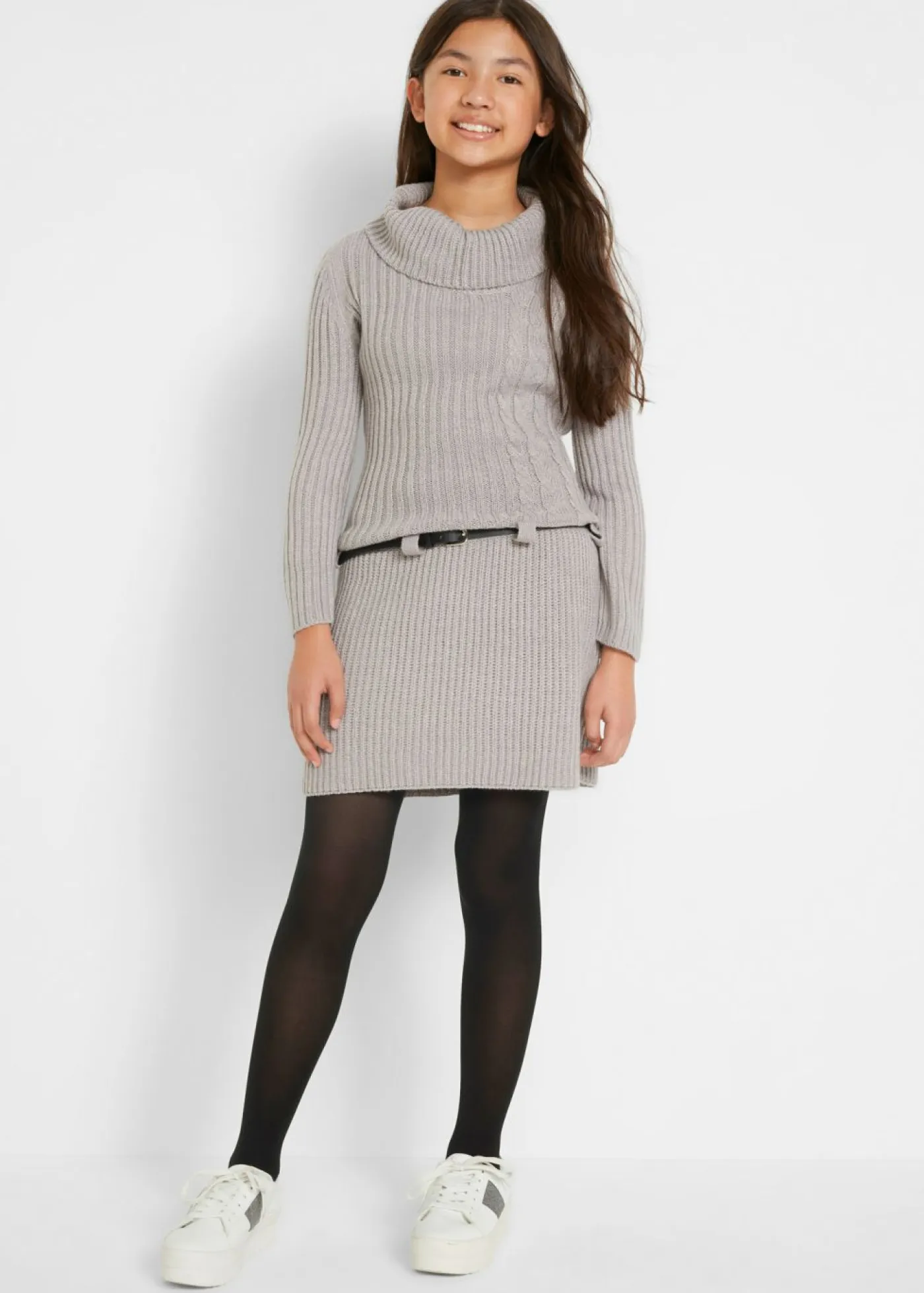 bonprix bonprix Ropa 9 A 16 Años·Vestidos Y Monos>Vestido de punto con cinturón (2 piezas) Gris claro jaspeado