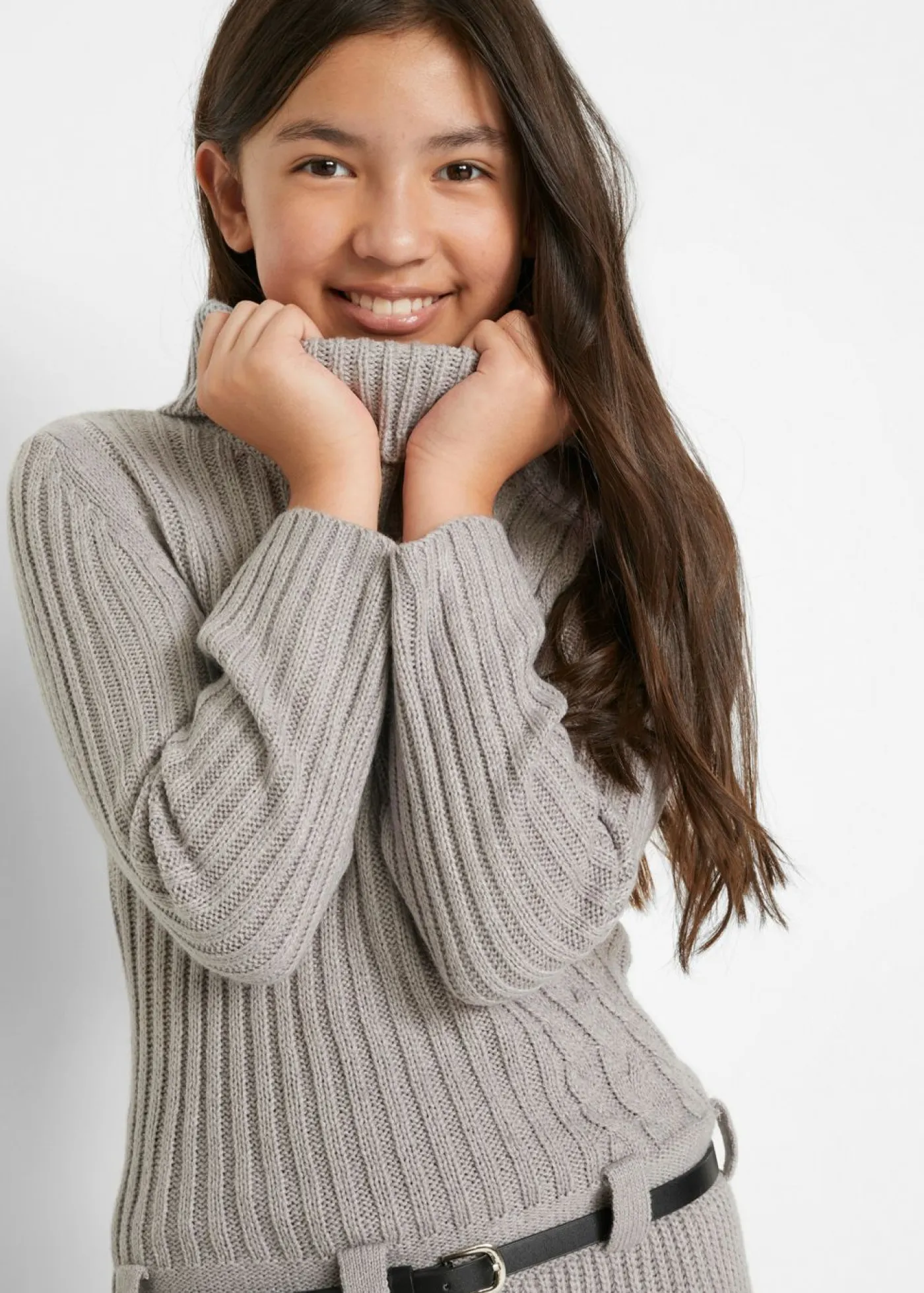 bonprix bonprix Ropa 9 A 16 Años·Vestidos Y Monos>Vestido de punto con cinturón (2 piezas) Gris claro jaspeado