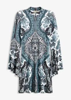 bonprix bonprix Vestidos>Vestido de punto con cuello alto y mangas con volantes Negro/blanco/verde oscuro estampado