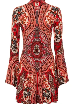bonprix bonprix Vestidos>Vestido de punto con cuello alto y mangas con volantes Rojo-beige estampado