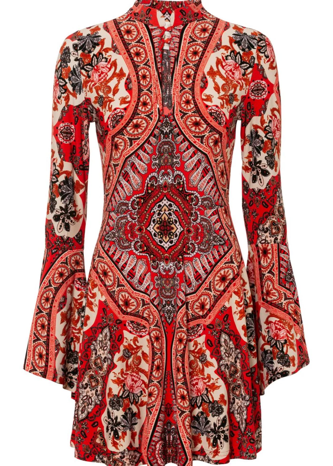 bonprix bonprix Vestidos>Vestido de punto con cuello alto y mangas con volantes Rojo-beige estampado