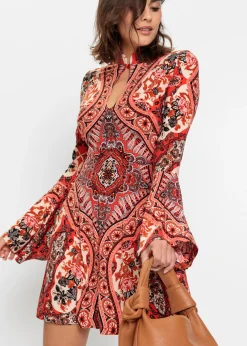 bonprix bonprix Vestidos>Vestido de punto con cuello alto y mangas con volantes Rojo-beige estampado