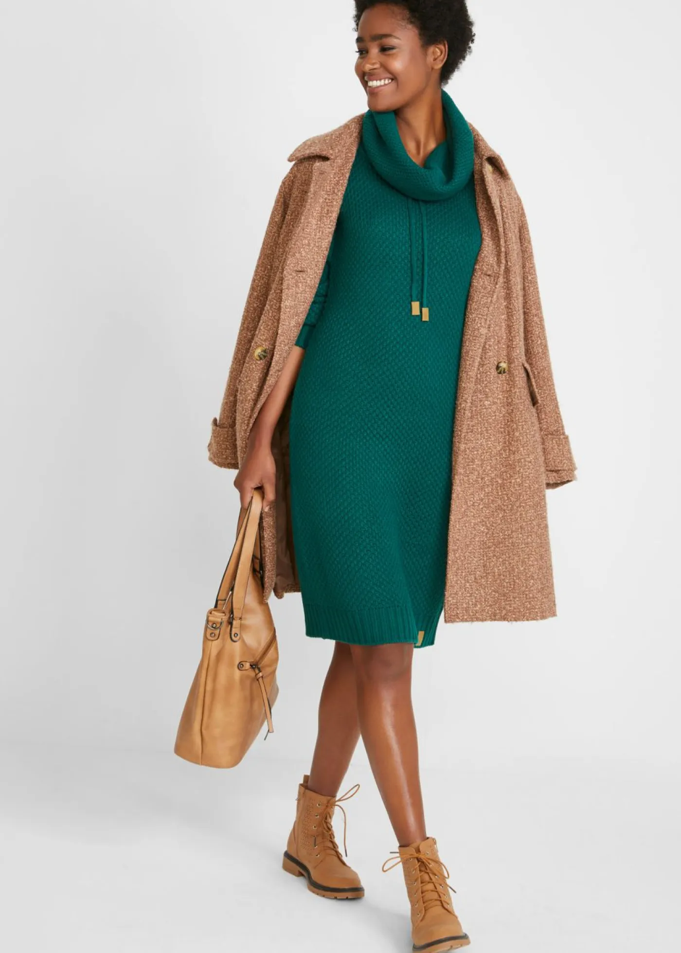 bonprix bonprix Vestidos|Ropa De Punto>Vestido de punto con cuello tipo chal Verde intenso