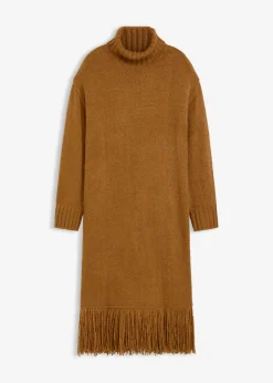 bonprix bonprix Vestidos|Ropa De Punto>Vestido de punto con flecos en el dobladillo Marrón coñac
