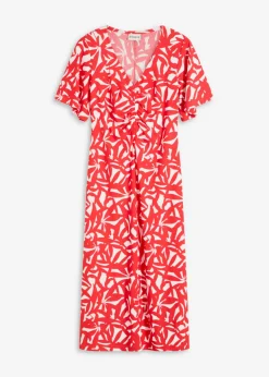 bonprix bonprix Vestidos>Vestido de punto con fruncido Fresa-blanco lana estampado