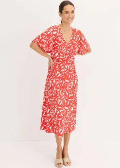 bonprix bonprix Vestidos>Vestido de punto con fruncido Fresa-blanco lana estampado