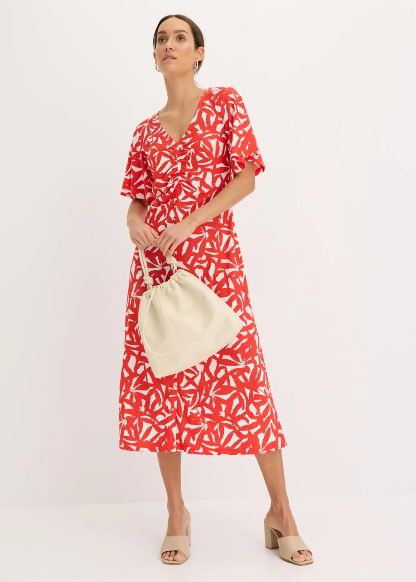 bonprix bonprix Vestidos>Vestido de punto con fruncido Fresa-blanco lana estampado