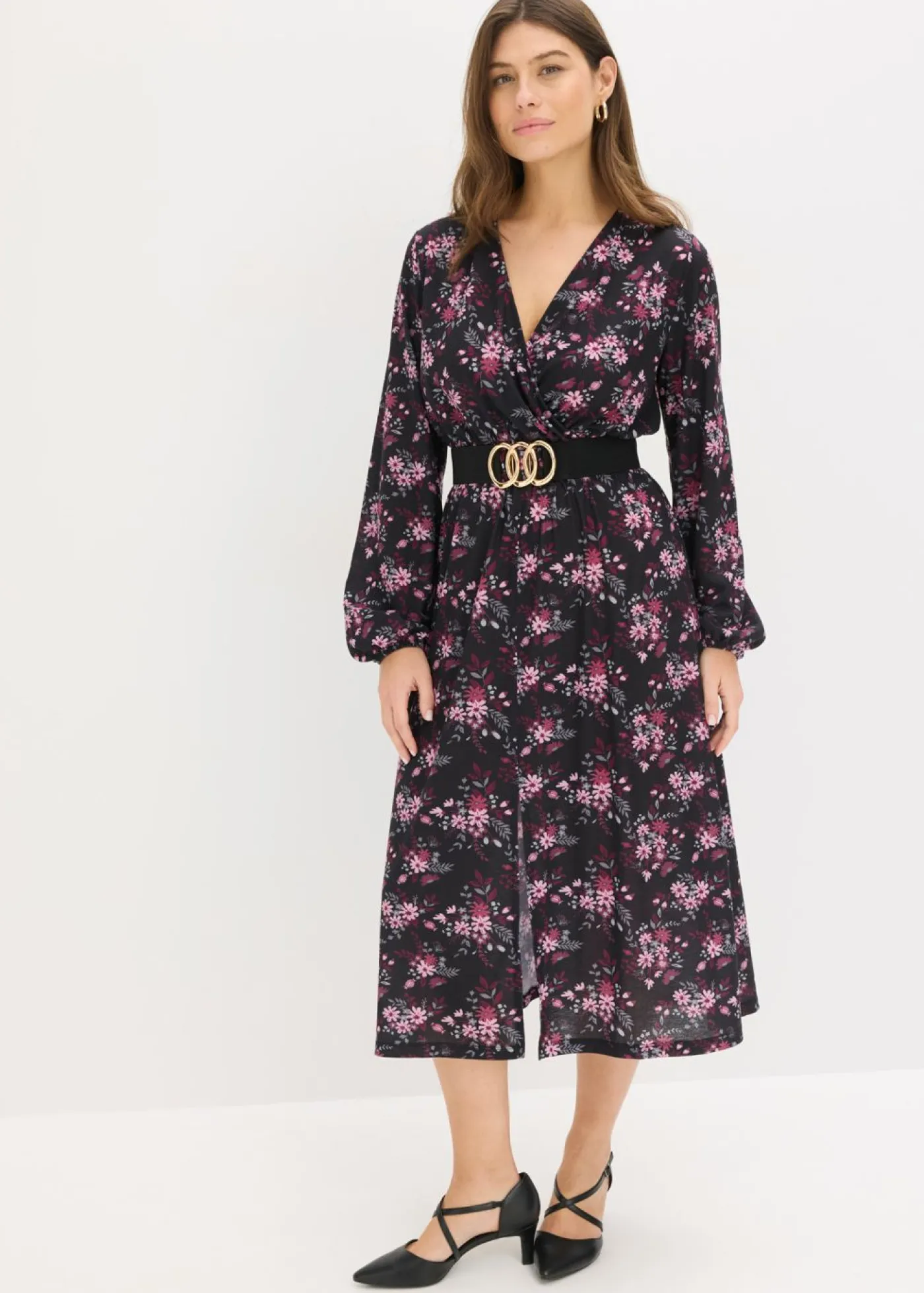 bonprix bonprix Vestidos|Novedades>Vestido de punto con mangas abullonadas Negro con flores