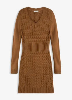 bonprix bonprix Vestidos|Ropa De Punto>Vestido de punto con patrón trenzado marrón pimienta