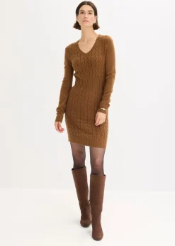 bonprix bonprix Vestidos|Ropa De Punto>Vestido de punto con patrón trenzado marrón pimienta