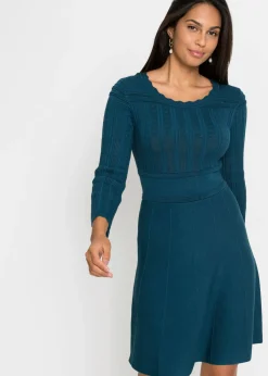 bonprix bonprix Vestidos|Ropa De Punto>Vestido de punto con patrón ajour Petróleo azul